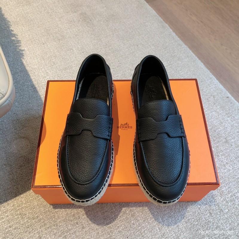 2025 Unisex Hermes Black Leather Loafers AS00380