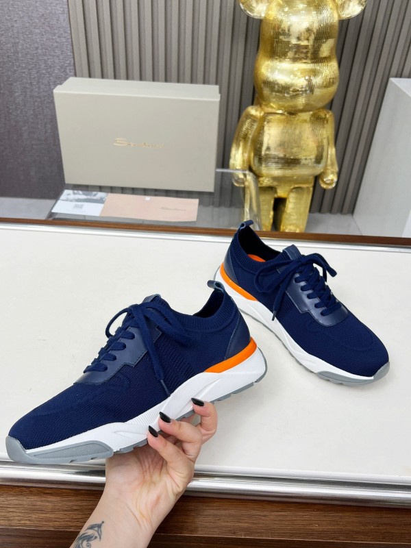 2025 Unisex Santoni Navy Orange Wool Blend Knit Sneakers AS00320
