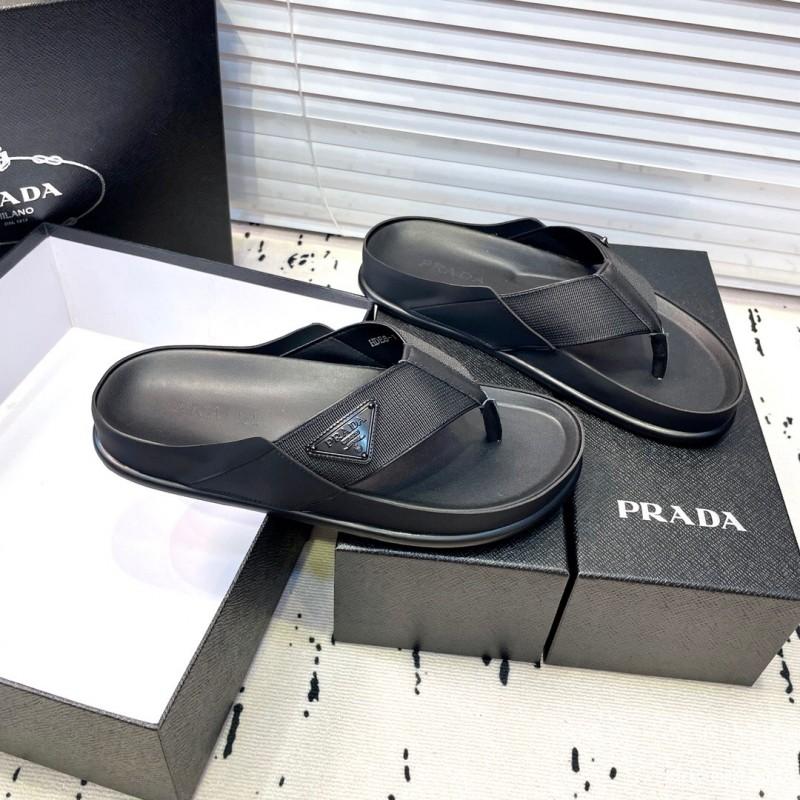 2025 Men Prada Black Fabric Leather Sandals Logo KFY00230