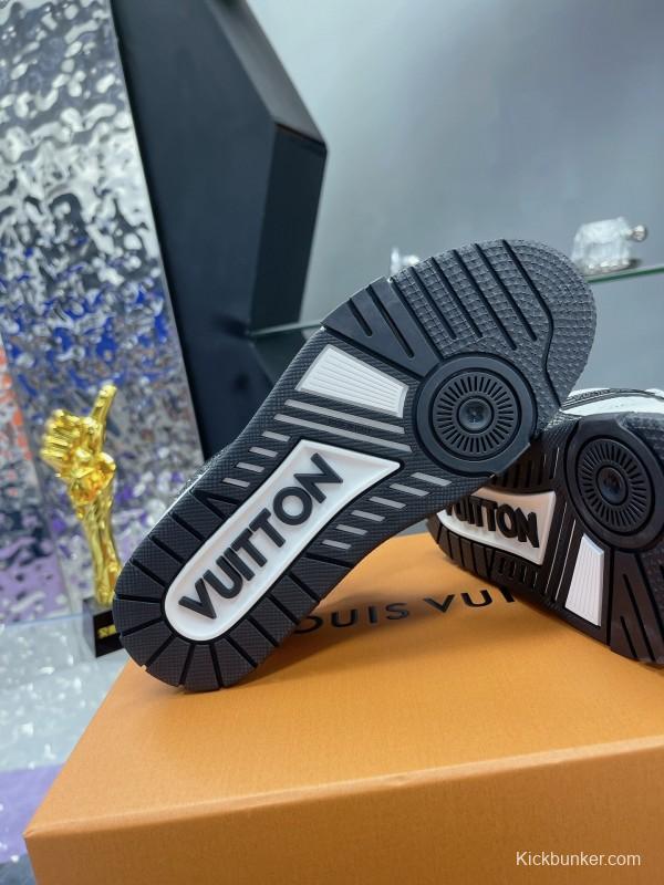 2025 Unisex Louis Vuitton White Black Leather Fabric Plimsolls Handcrafted Rhinestones AS00400