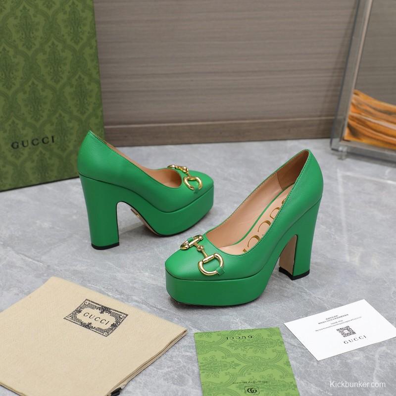 2025 Women Gucci Green Leather Platform Pumps KFY00320
