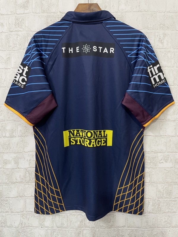 25/26 Brisbane Broncos Maroon with Blue Striped Sleeves and Gold Geometric Jersey