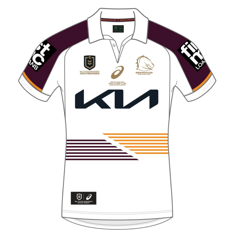 25/26 Brisbane Broncos White with Maroon Sleeves and Diagonal Geometric Stripes  Champion Jersey