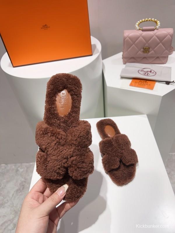 H Teddy Wool H Slippers Flat Sole Fur Slippers - LY00240