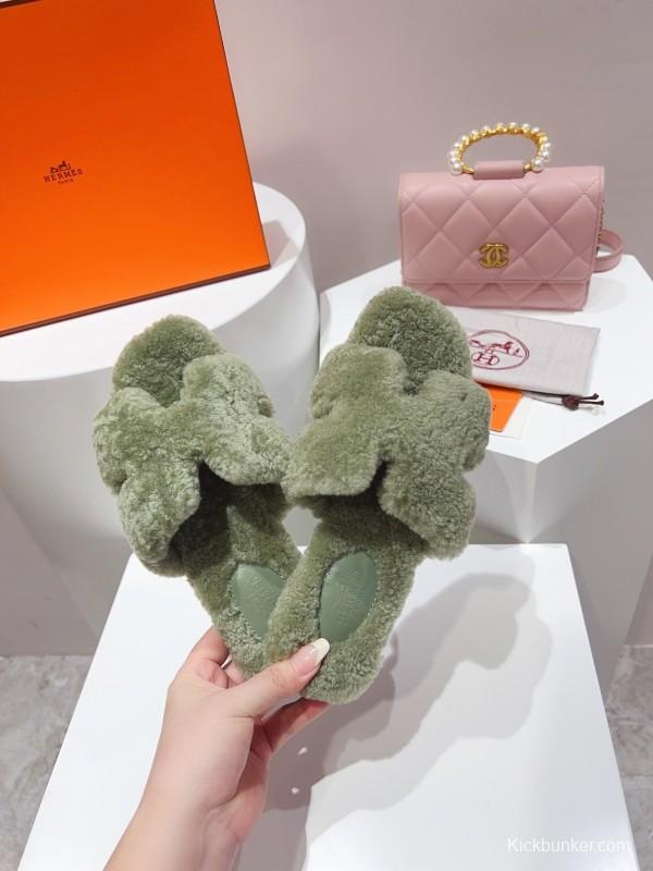 H Teddy Wool H Slippers Flat Sole Fur Slippers for Autumn Winter - LY00240