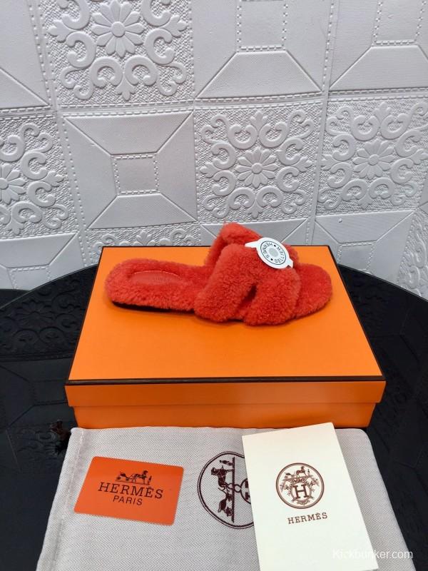 H Teddy Wool H Slippers Flat Sole Fur Slides - LY00240