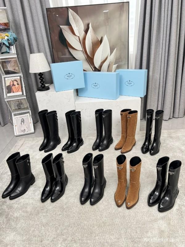 Prada Classic Triangle Logo Pointed Toe Boots - LY00400