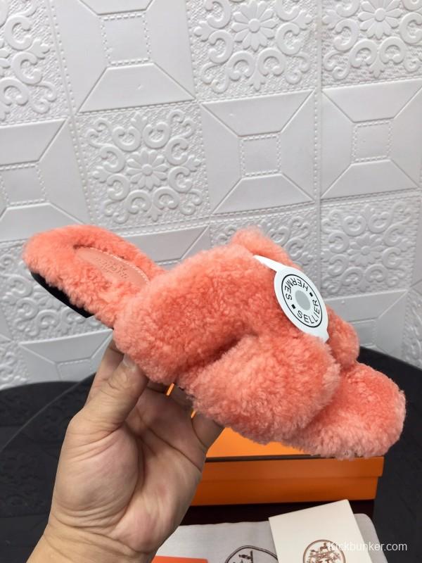 H Teddy Wool H Slippers Flat Sole Winter Home Shoes - LY00240