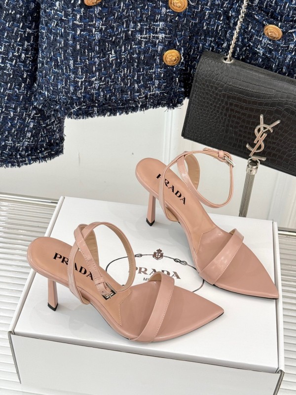Prada 2025 SS Pointed Toe High Heel Sandals with Triangle Buckle - KFY00280