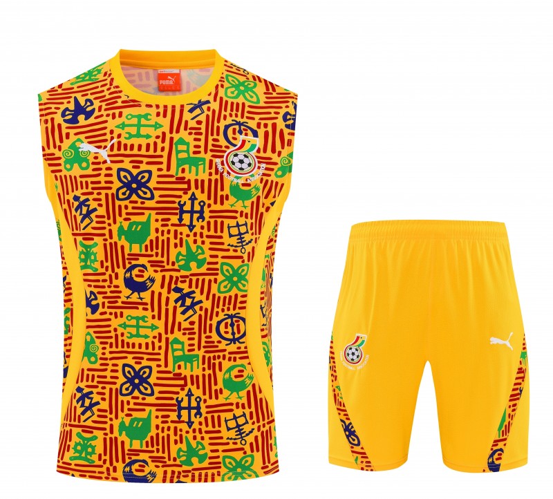 25/26 Ghana Yellow Adinkra Symbol Print Sleeveless Training Suit + Shorts