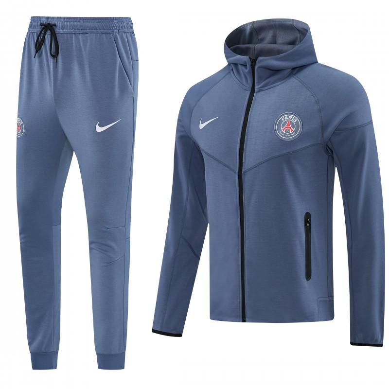 26/27  Paris Saint-Germain Steel Blue Full Zipper Hooded Jacket Tracksuit + Long Pants