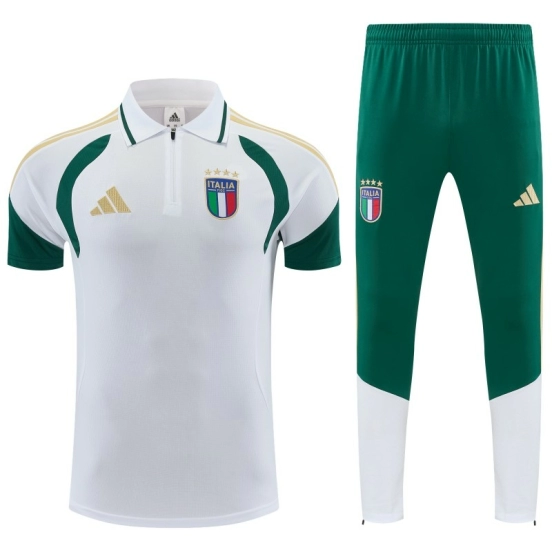 2026 Italy White & Green Half-Zip Polo Short Sleeve Tracksuit + Long Pants