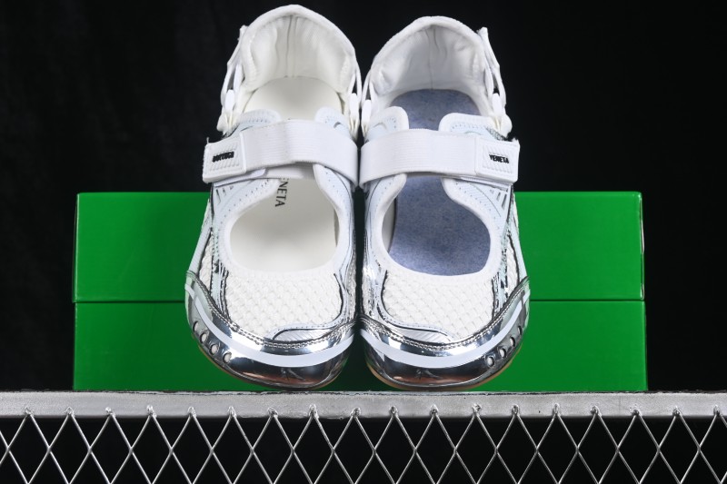 Bottega Veneta Orbit Flash Round-Toe Mary Jane Flat Shoes in Silver White and Fiber White - AJE5