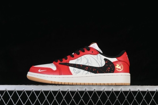 Nike Travis Scott x Fragment Design x Air Jordan 1 Low OG SP Casual Lifestyle Sneakers with Reversed Swoosh and White Red Ink Splatter Design - NH0601-063
