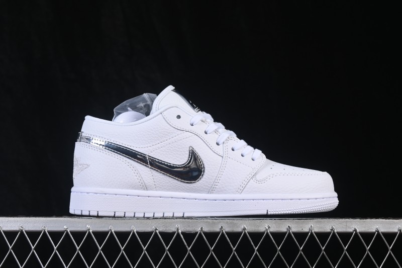 Nike Air Jordan 1 Low Retro Basketball Shoes with All-White Silver Swoosh - IQ9381-100