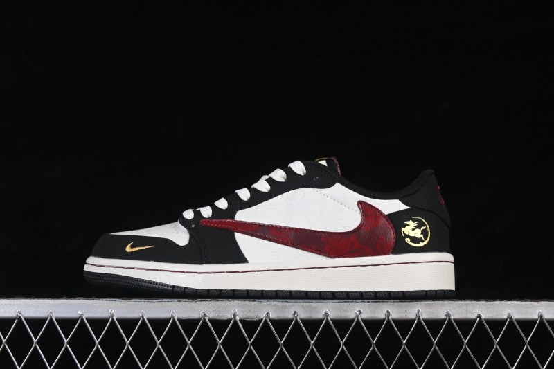 Nike Travis Scott x Fragment Design x Air Jordan 1 Low OG SP 'Cactus Jack' Black White Gold Limited Edition Low-Top Casual Skateboarding Shoes - NH0601-060