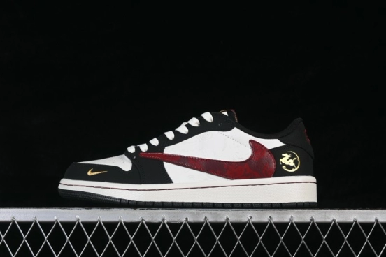 Nike Travis Scott x Fragment Design x Air Jordan 1 Low OG SP 'Cactus Jack' Black White Gold Limited Edition Low-Top Casual Skateboarding Shoes - NH0601-060