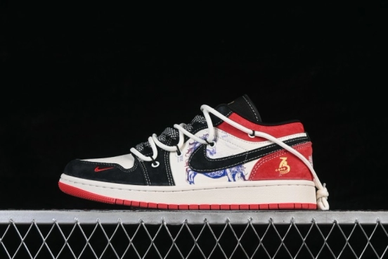 Nike Air Jordan 1 Low Retro Basketball Shoes with Black and Red Color Blocking and Premium Materials - HT5088-645