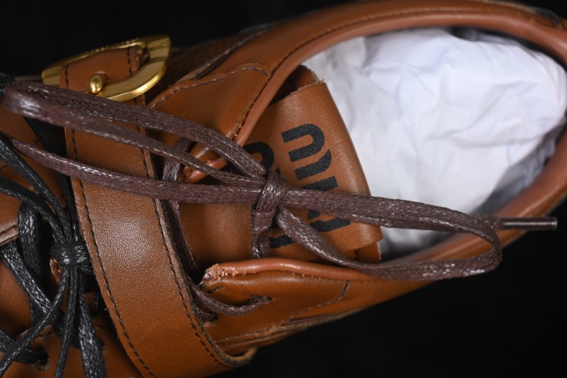MiuMiu Gymnasium FW25 Calf Leather Buckle Lace-Up Low-Top Casual Shoes - Brown