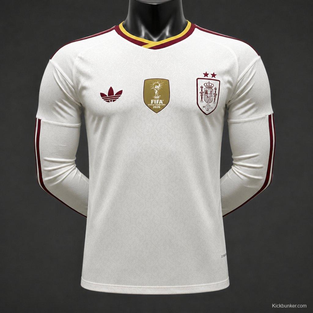 Player Version 2 Star 2026 Spain Away White Long Sleeve Jersey With Champion Patch